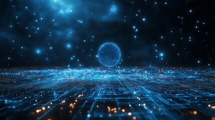 A futuristic digital technology background in glowing blue tones, featuring Earth in space, data streams, and abstract circuit designs representing global connectivity and innovation
