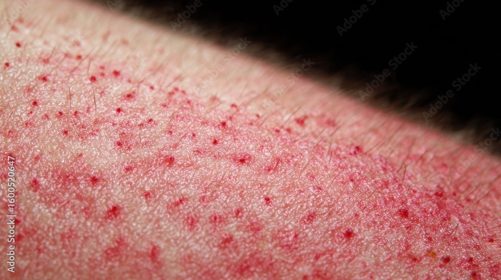 Poster detailed view of a shaved area with multiple ingrown hairs triggering tiny red raised bumps and surr