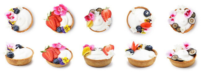 Tasty tartlets decorated with flowers isolated on white, set. Top and side view