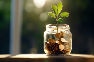 A young plant sprouts from a glass jar filled with coins representing the growth and prosperity that can come from wise financial investments and saving
