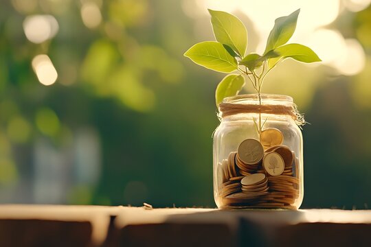 A young green plant sprouting from a glass jar filled with various coins representing the concept of saving investing and financial growth