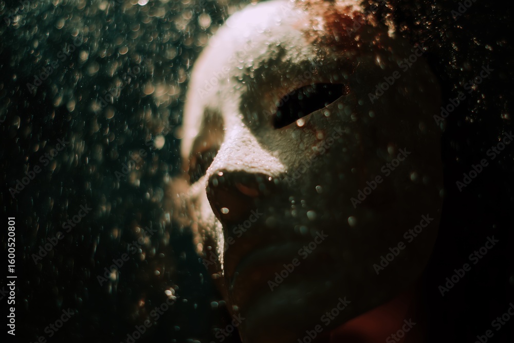 Poster mysterious figure submerged underwater with a haunting mask and bubbles surrounding the face in a da