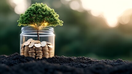 A small tree growing from a transparent glass jar filled with stacked coins representing the concept of financial growth investment and the potential for prosperity