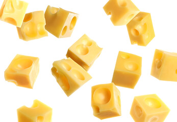 Cheese cubes in air against white background