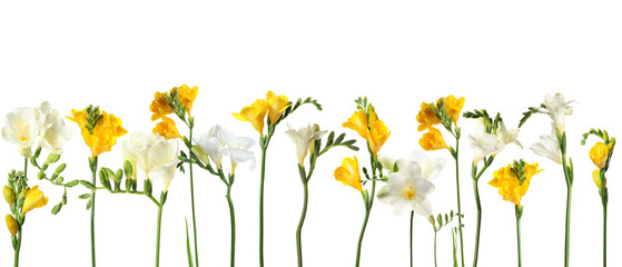 Many beautiful freesia flowers on white background