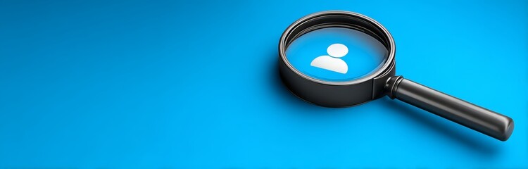 In a digital network and cyberspace illustration, a magnifying glass focuses on a user profile icon, signifying the importance of talent search, recruitment, and personal data analytics in the