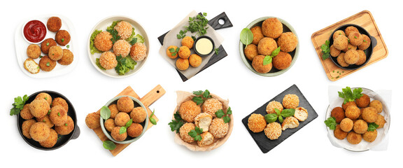 Different fried croquette balls isolated on white, set. Top view