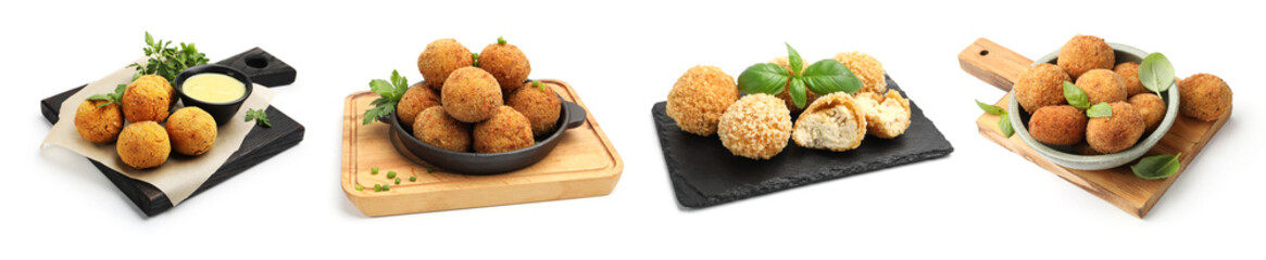 Different fried croquette balls isolated on white, set. Top view