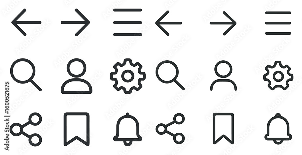 Poster navigation and settings outline icons set – minimal, geometric, user interface symbols