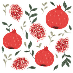 Pomegranates pattern with green leaves green branches vector illustration with a transparent background	