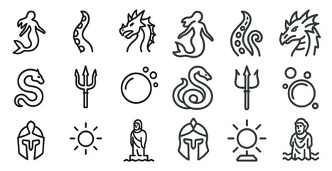 Fototapeta premium Mythical creatures outline icons set – vector, line, fantasy and legend symbols