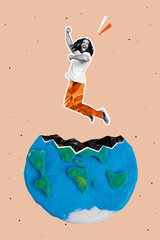 Pop zine 3d image collage of happy girl stand save earth protection rubbish half globe bag plastic...