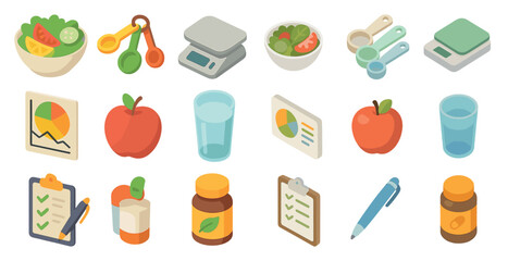 Nutrition and health isometric icons set &ndash; food, wellness, diet graphics