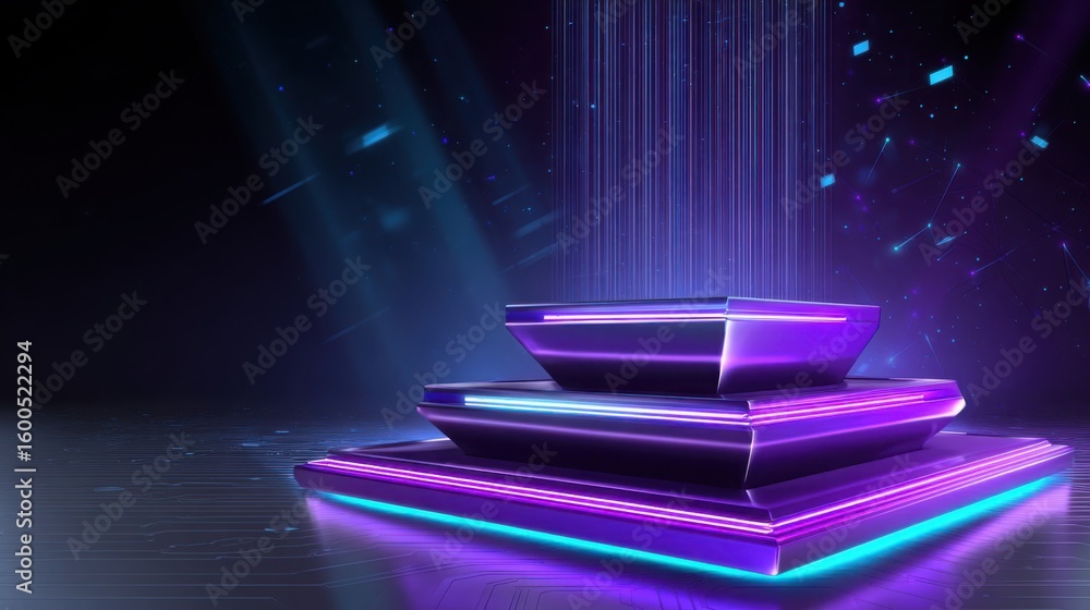 Poster high-tech angular podium with glowing neon edges in purple and blue, dark background with abstract d