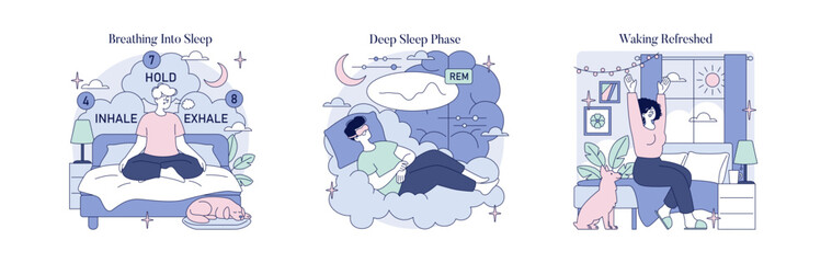 Sleep Cycle Illustration: Breathing, REM, Morning Stretch