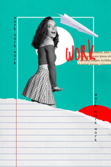 Creative collage of young lady look green background with paper sheets plane