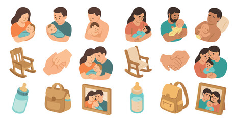 Fototapeta premium Family bonding icons set in isometric style – parenting, relationship, togetherness