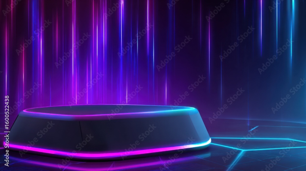 Poster high-tech angular podium with glowing neon edges in purple and blue, dark background with abstract d