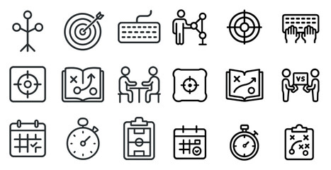Business and strategy outline icons set – linear, outline, planning symbols