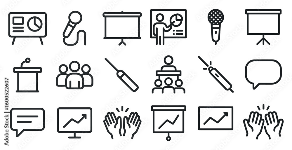 Poster presentation and meeting line icons set – outline, flat, seminar and lecture symbols