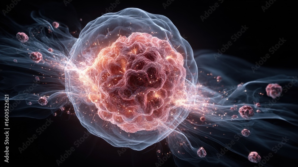 Poster futuristic graphic of an internal tumor surrounded by pulsating waves highlighting how secreted subs