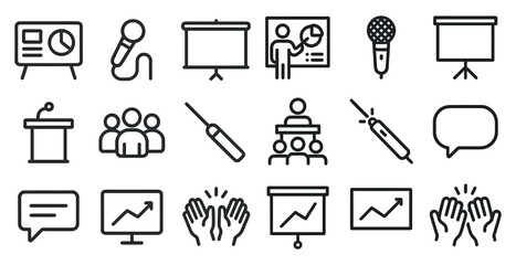 Presentation and meeting line icons set – outline, flat, seminar and lecture symbols