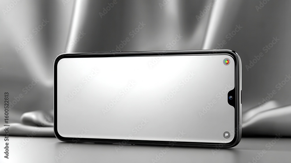 Poster horizontal smartphone screen with blank display against soft silver fabric backdrop for mockup