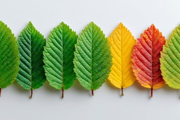 A rainbow color gradient of autumn leaves embodies the idea of seasonal transformation during the autumn season
