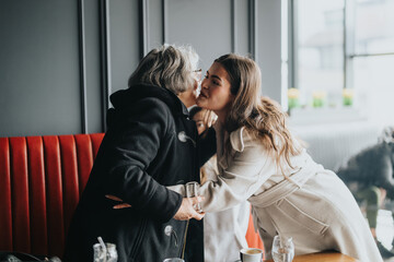 A friendly interaction between an older woman and a younger woman, demonstrating affection and...