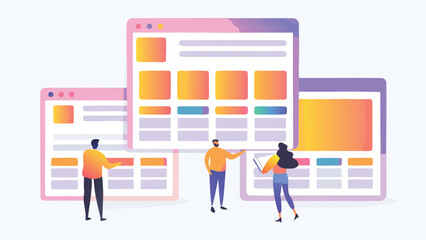 Three people interacting with website layouts on screens in a collaborative environment setting showing design