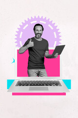 Creative pinup collage of person in netbook with cog gear wheel white color background make thumb...
