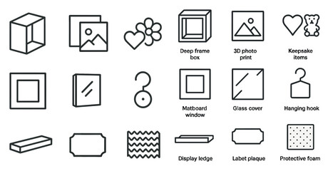 Picture frame outline icons set – silhouette, photo display, decor symbols