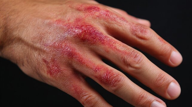 Visual of healing firstdegree burn on hand displaying vivid red heat marks and mild epidermal irritation.