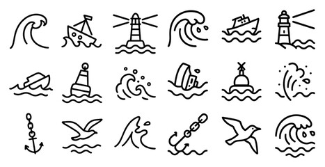 Maritime and navigation outline icons set – line, nautical, sea adventure symbols