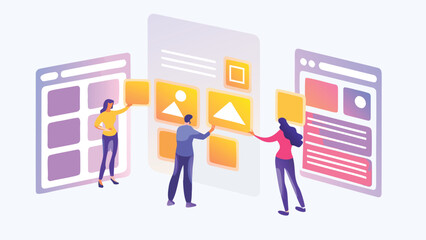 People arranging elements on website mockups with a modern and collaborative design interface concept