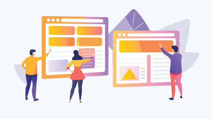 People interacting with website designs on screens with leaf background illustration design is shown