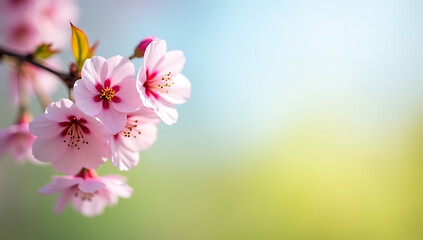 Obraz premium A branch of pink cherry blossoms is set against a soft blurred background of greens and blues