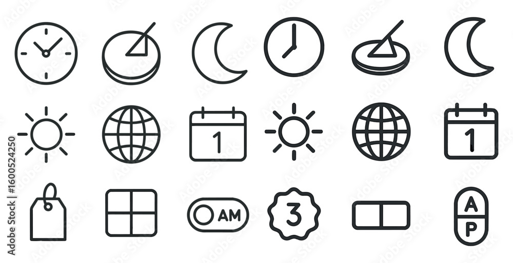 Poster time and calendar outline icons set – linear, clock, schedule and date symbols