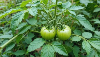 Green tomatoes growing on a vine in a healthy organic garden