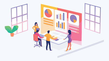 Isometric view of a business team analyzing charts and graphs in a modern office space setting