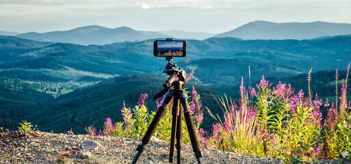 Mountain Landscape Filming with Smartphone on Tripod