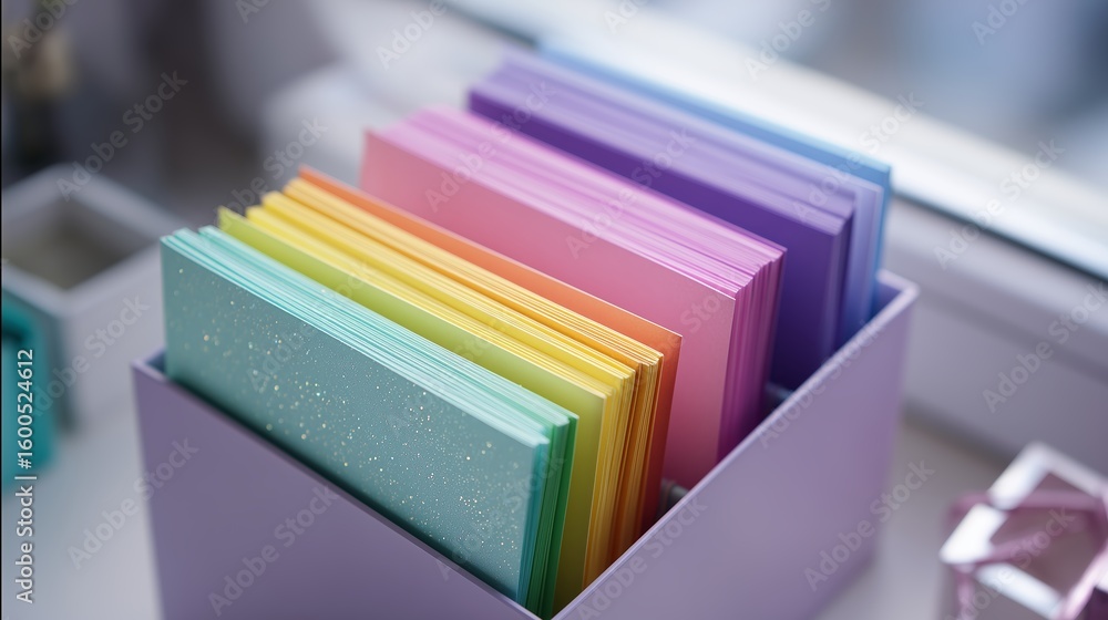 Poster colorful stack of crafting paper in container on a workspace near window in bright daylight
