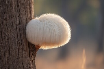 In a lush, green forest, a tree hosts a growing Lion's Mane mushroom