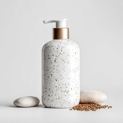 White bottle with gold accents, spa-like setting