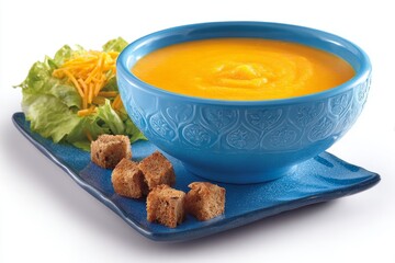 The combination of creamy soup with croutons and fresh salad with cherry tomatoes is presented on a white background
