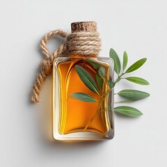 Amber oil in a glass bottle with leaves