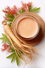 The abstract cosmetic lab contains ginseng root and liquid samples in a petri dish