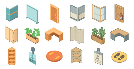 Office furniture isometric icons set &ndash; desks, chairs, workspace design elements