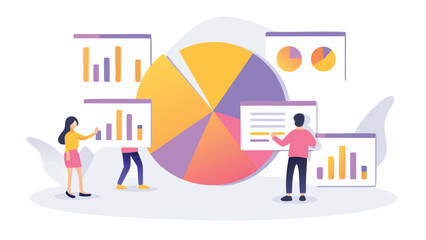 People analyzing data with pie chart and bar graphs on screens in a business presentation setting