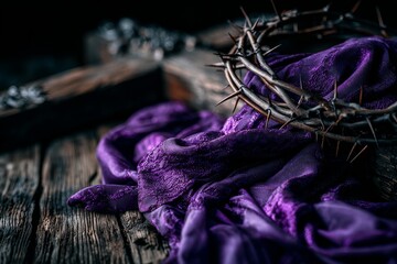 An Easter background illustrates the crucifixion using a rustic wooden cross, crown of thorns and nails